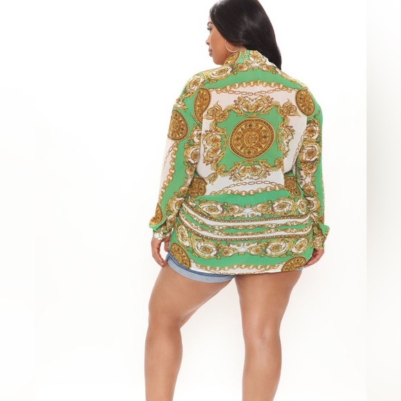 NWT Fashion Nova Crunching The Numbers Printed Shirt - Green/combo Size L - Picture 8 of 15